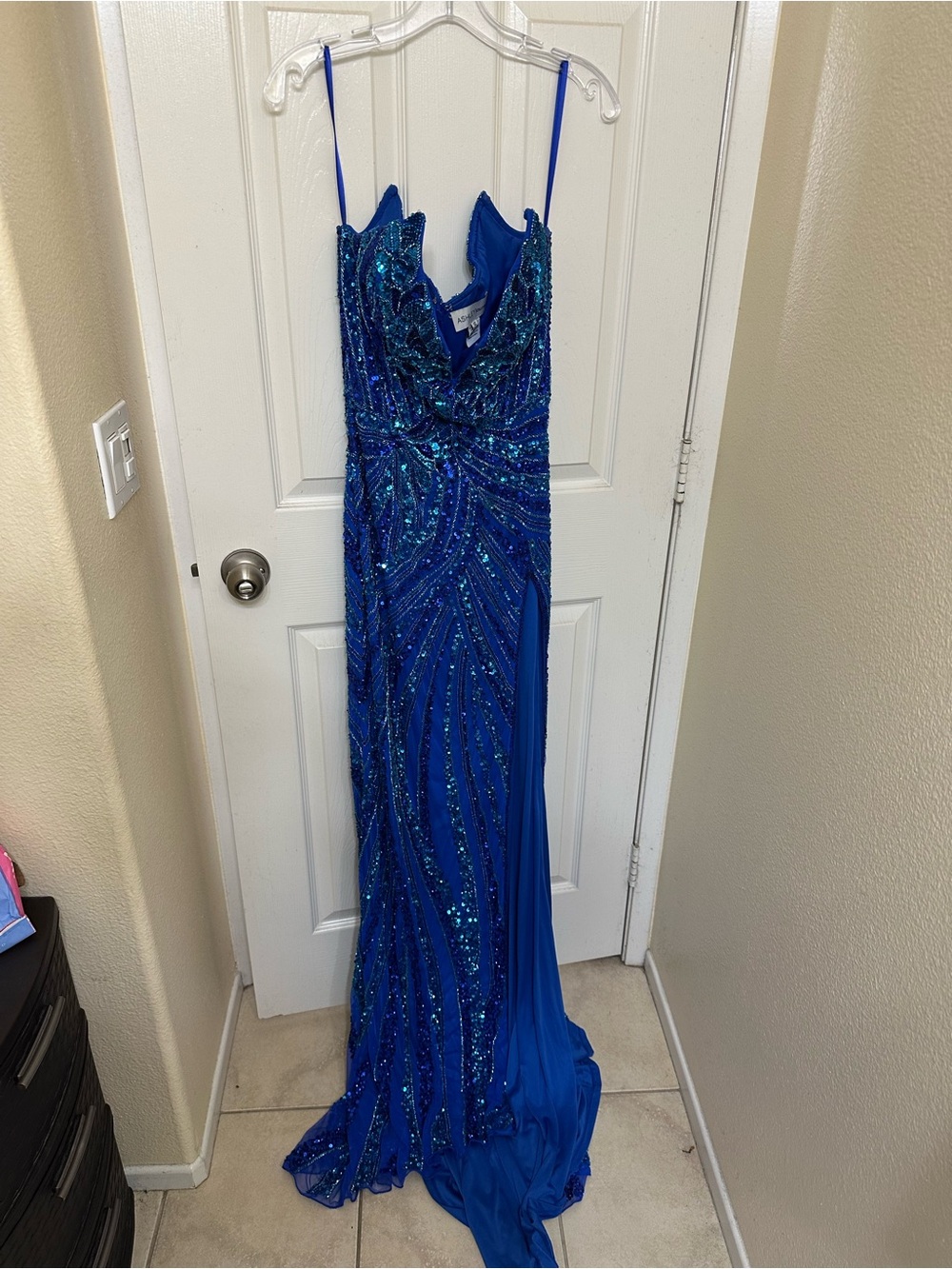 Royal Blue Sequin Spaghetti-Strap Prom Gown